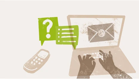 Kontakt SMEKUL Kontakt SMEKUL: Illustration mit Telefon, Laptop mit E-Mail und Sprechblasen