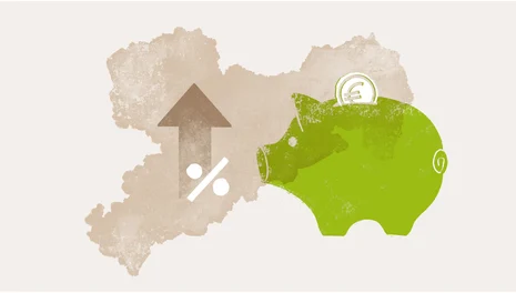 Förderportal SMEKUL Förderportal: Illustration mit Karte vom Land Sachsen, Sparschwein und Symbol eines Aufwärts-Pfeils