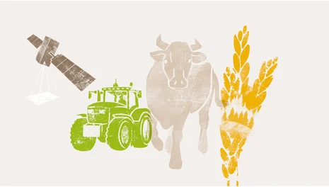 Landwirtschaft Themenbereich Landwirtschaft: Illustration mit Traktor, Kuh, Getreideähre und Satellit