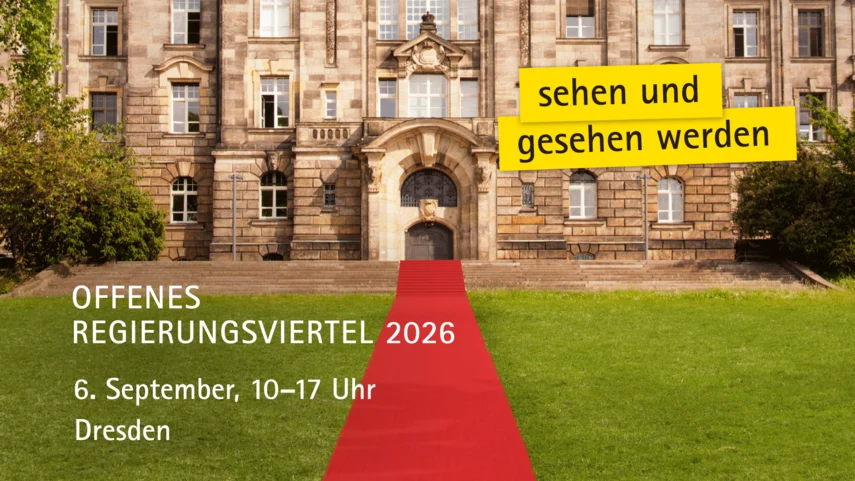 Offenes Regierungsviertel 2026. Foto: Vor dem Eingang eines alten Gebäudes liegt ein roter Teppich.