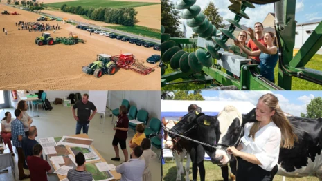 Sächsische Kompetenzstelle Wasserstoff »KH2« Collage mit Foto von Veranstaltungen zum Thema »Landwirtschaft«: Eine Frau Mit Pferd, Traktoren auf dem Acker, Personen besichtigen Landwirtschaftstechnik