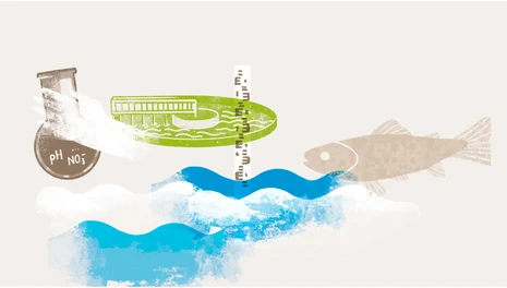 Wasser Themenbereich Wasser: Illustration mit Wasserwellen, Fisch, Hochwasserpegel, Klärgrube und Wasserprobe